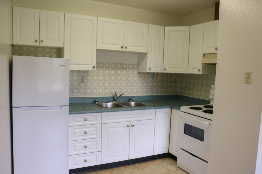 Kitchen area includes Fridge, Stove, sink